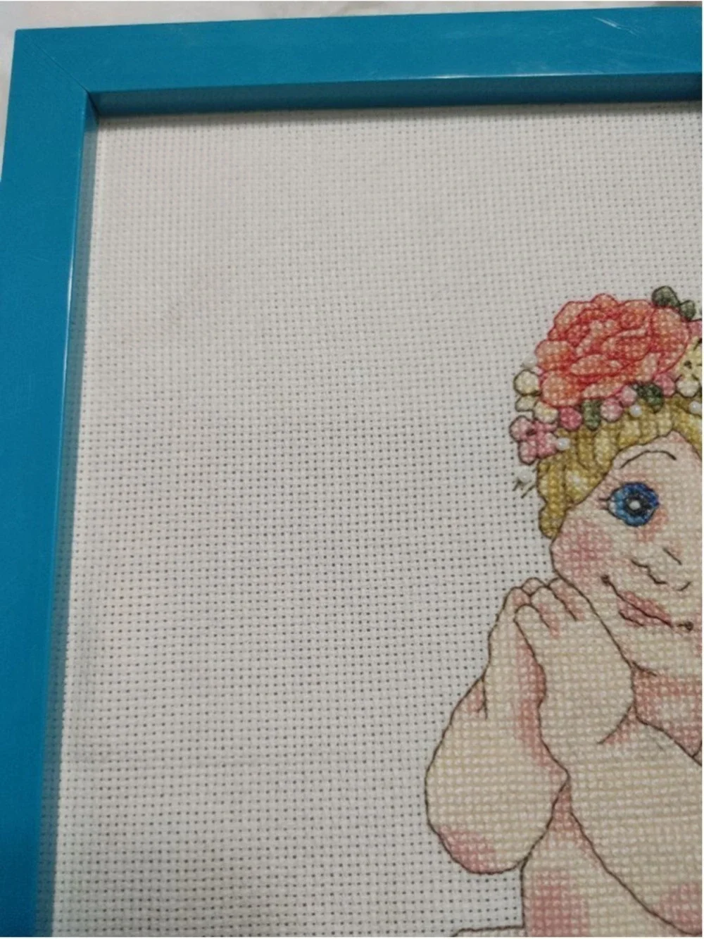 Handmade Blue and White Angel Cherub Cross Stitch Picture Frame 9x11